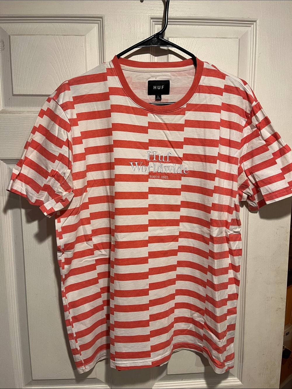 HUF Red and White Striped Crewneck Tee
